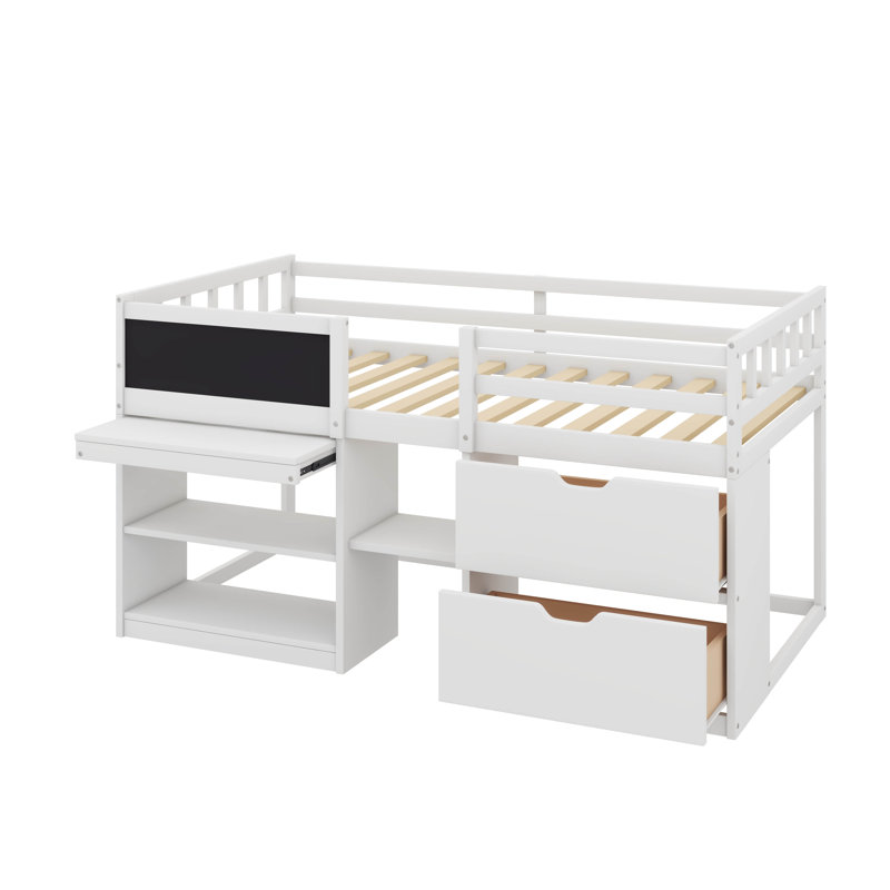 Lit mezzanine compacte simple avec tablette de bureau mobile et tiroirs, Blanc