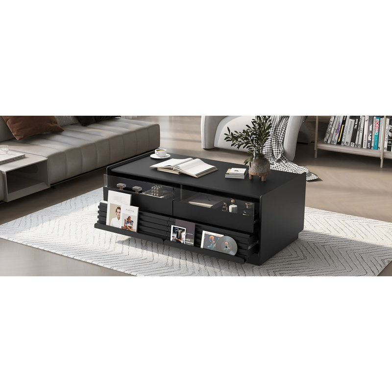 Table basse en bois de 47,2 po avec un design rétro, quatre tiroirs, deux espaces de présentation et un assemblage facile pour les tablettes rectangulaires de bureau