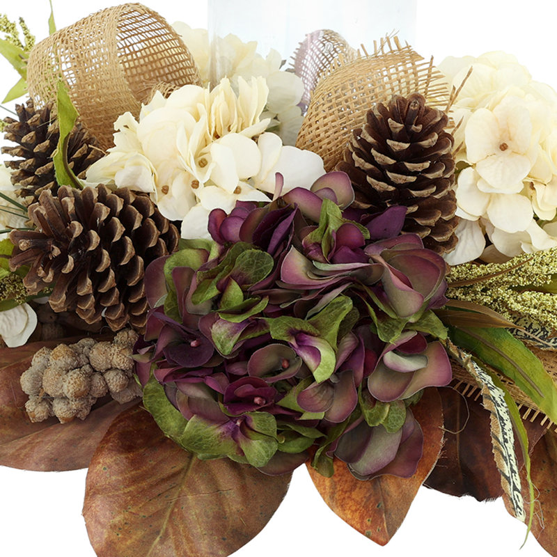 Fall Candleholder Centerpiece with Hydrangeas, Astilbe, and Pinecones, Crea/Brown/Purple