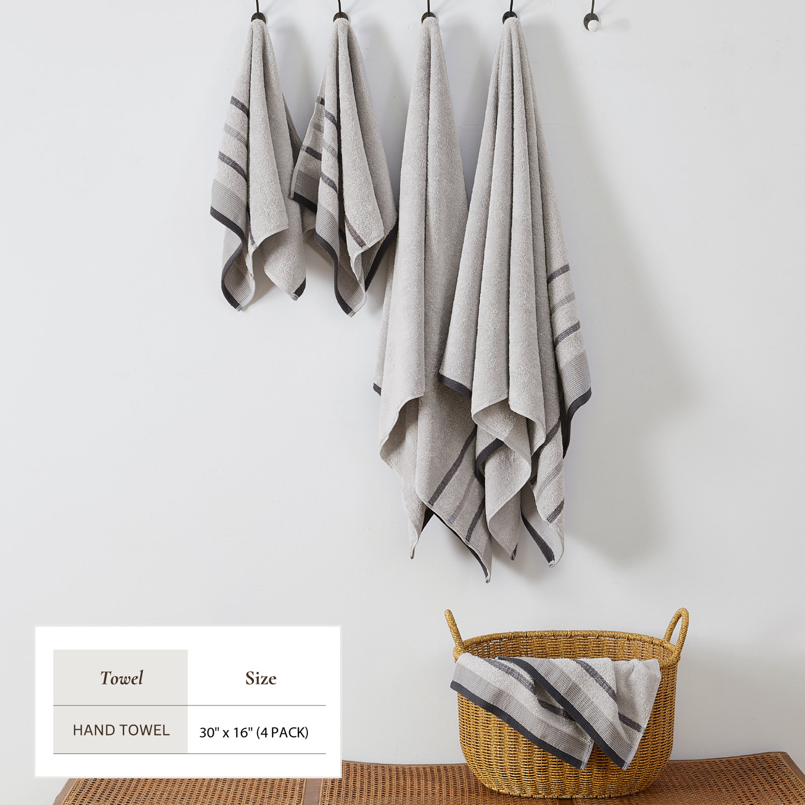 Deanthony Luxury Cotton Decorative, Light Gray/Mid Gray/Dark Gray, Hand Towels - 4 Pack