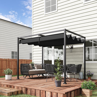 10x7ft Metal Pergola Gazebo Patio Sun Shelter Sun Shade Retractable Canopy Black