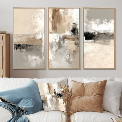 Brown And Black Brushstroke Abstract Painting  - Cubism Large Wall Art Print Set