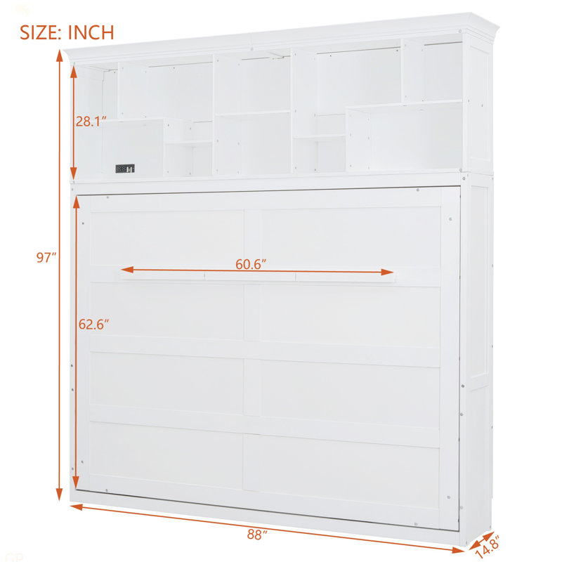 Grand lit escamotable mural avec tablettes supérieures et USB, Blanc
