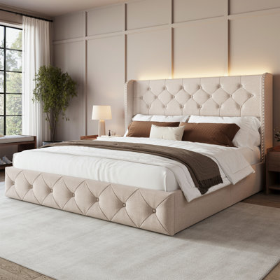 Bed Frame With Storage Drawers And Tufted Headboard Velvet Upholstered Platform, Led Light Wingback