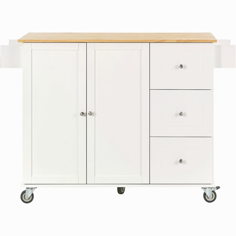 Îlot de cuisine mobile à roulettes avec plateau en bois massif et roulettes verrouillables, largeur de 52,7 po, armoire de rangement et bar à abattants, support à épices, porte-serviettes et tiroir