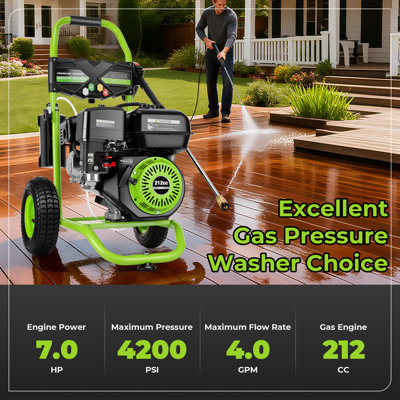 MAX 4200PSI 4GPM 212CC Professional Gas Pressure Washer, 9" Wheels 25FT Hose 7HP Commercial Gas Power Washer with 5 Nozzles 1L Foam Bottle for Car Fence Driveway Yard (EPA/CARB/ETL Compliant) Green