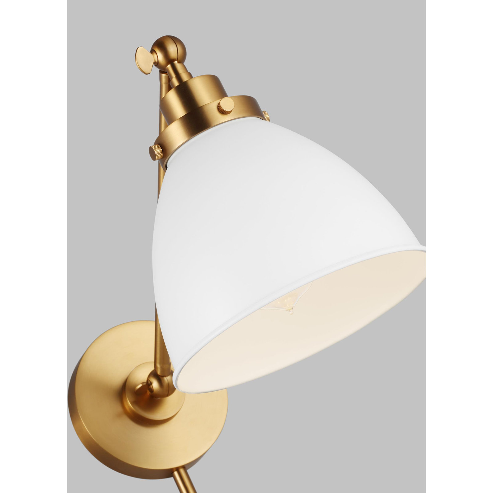Single Light Dimmable Armed Sconce, Burnished Brass, Matte White
