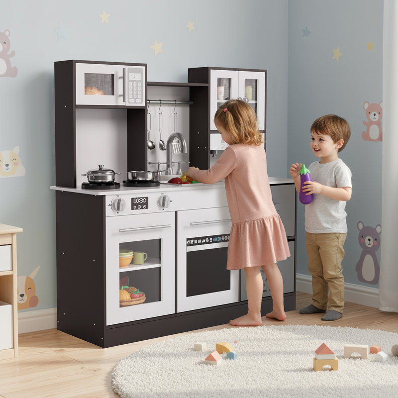Play Kitchen for Kids, Wooden Toy with Stove That Lights/Sounds When Pan Detected, Includes Disinfection Cabinet, 2 Fabric Boxes & Stainless Cookware(brown)