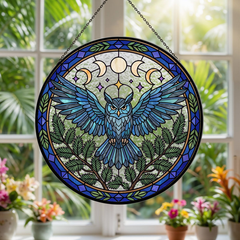 Vitrail Hibou lune vitrail ， 7,8H, H 7,8 po