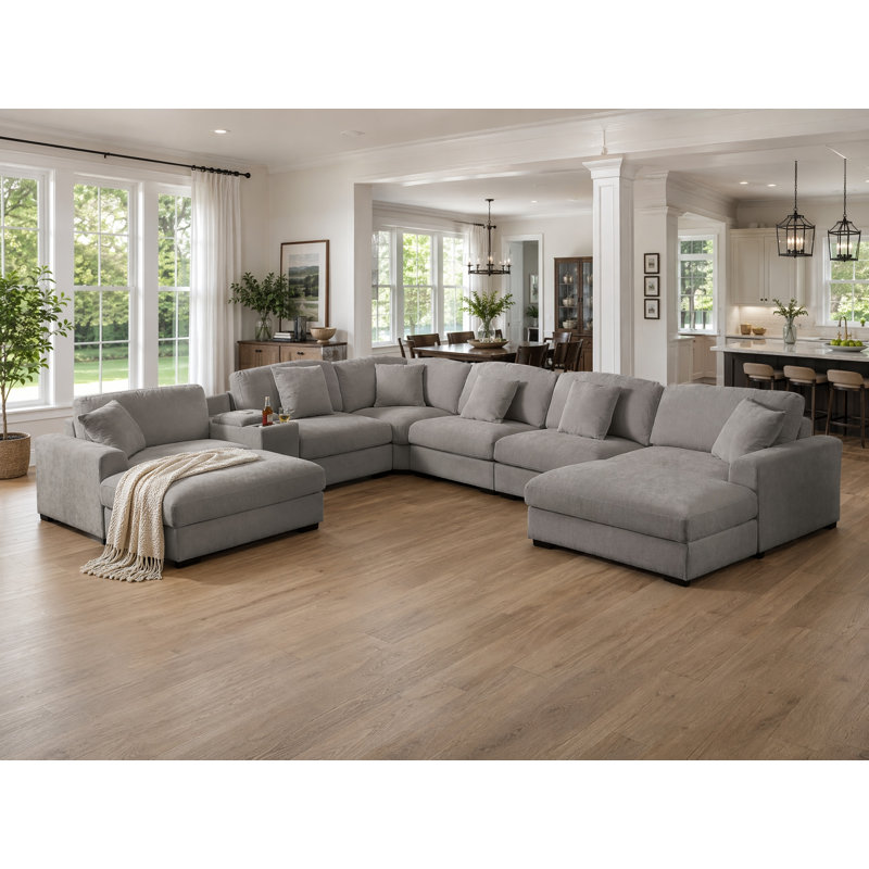 Canapé modulaire surdimensionné en chenille surdimensionné avec deux grands repose-pieds, Chenille gris pâle