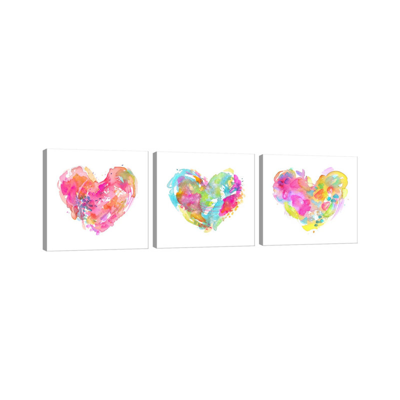 «Messy Watercolor Heart Triptych», ensemble d'art mural sur toile tendue (ensemble de 3)