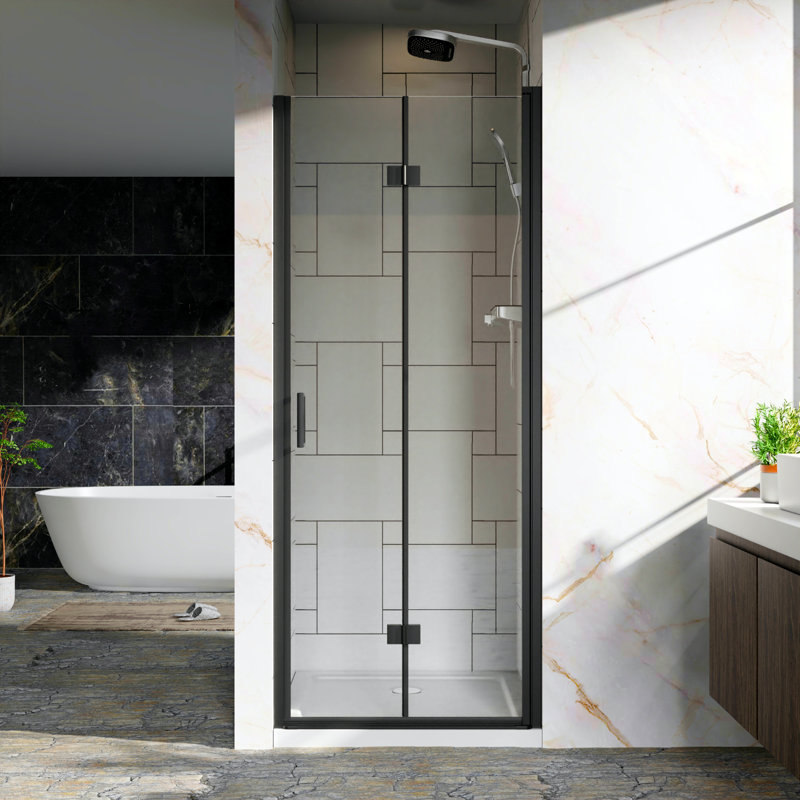 Pivot-Mounted Double-Fold Frameless Glass Shower Door, 1/4-Inch (6Mm) Tempered Clear Glass Swing Shower Panel, Black Finish, Reversible Installation