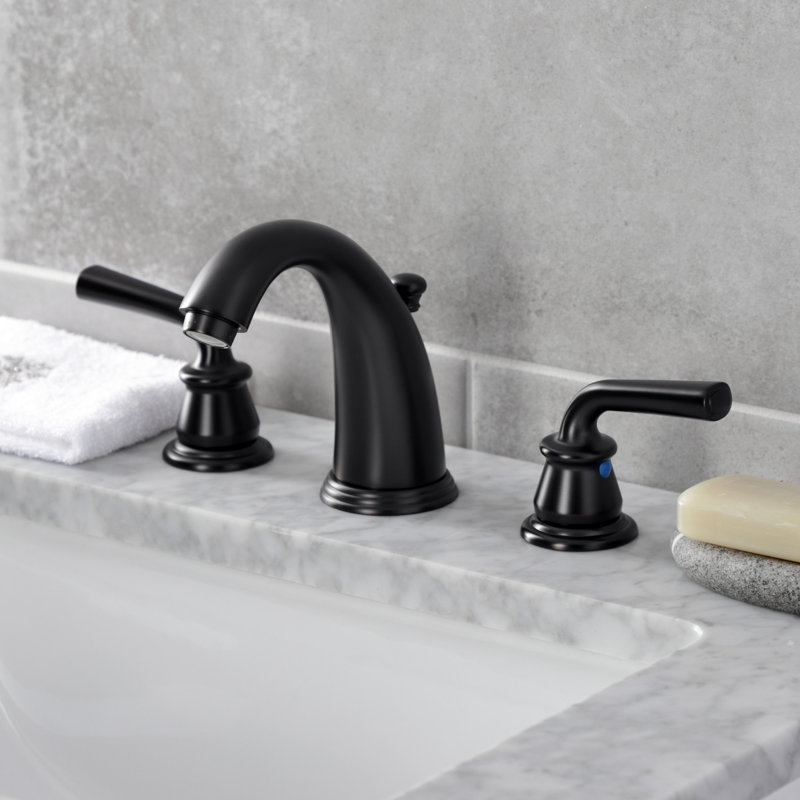 Kingston Brass Restoration Two-Handle 3-Hole Deck Mount Widespread Bathroom Faucet with Retail Pop-Up Drain, Matte Black