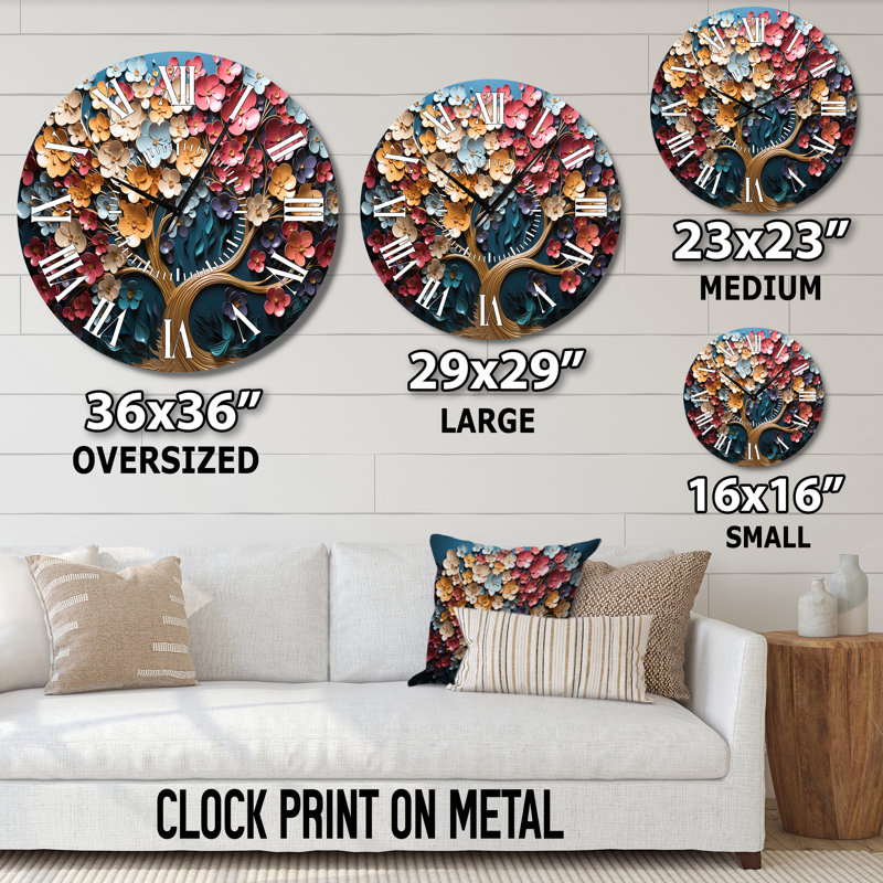 Horloge murale multicolore arbre doré sur fond bleu, Surdimensionné