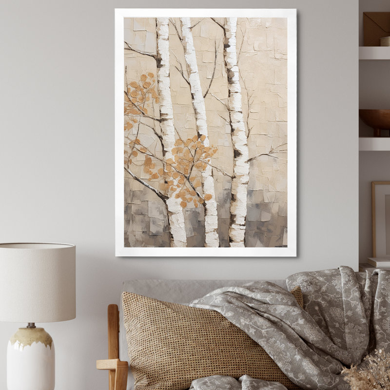 Beige minimalisme arbre bouleau III sur toile, Cadre photo blanc, H 44 po x l 34 po x P 1,5 po