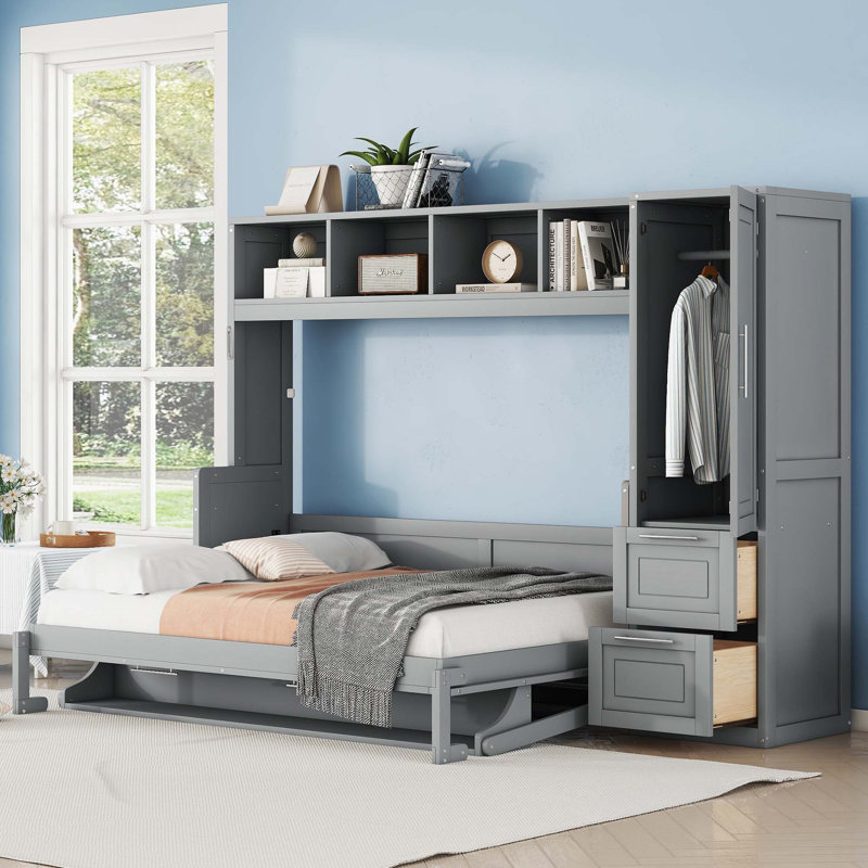 Lit escamotable Murphy avec placard et tiroirs, gris, Double