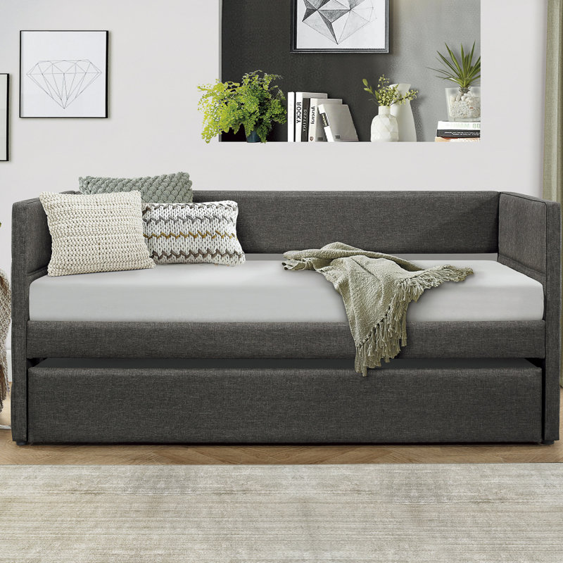 Modern Style Daybed With Trundle Dark Gray Fabric Upholstered Wooden Furniture 1Pc
