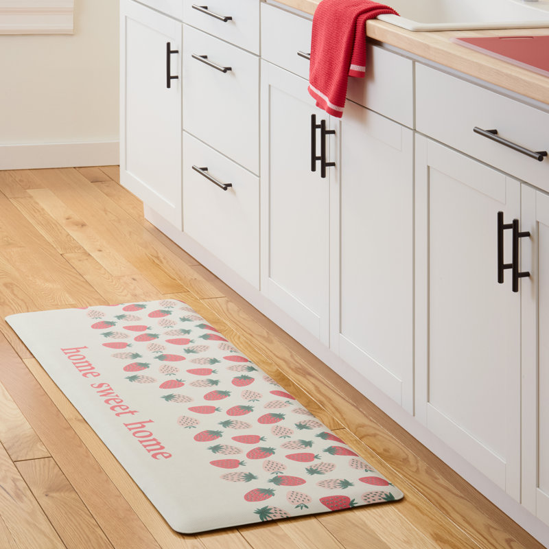Home Sweet Home Pink and Green PVC Kitchen Mat with Strawberry Pattern