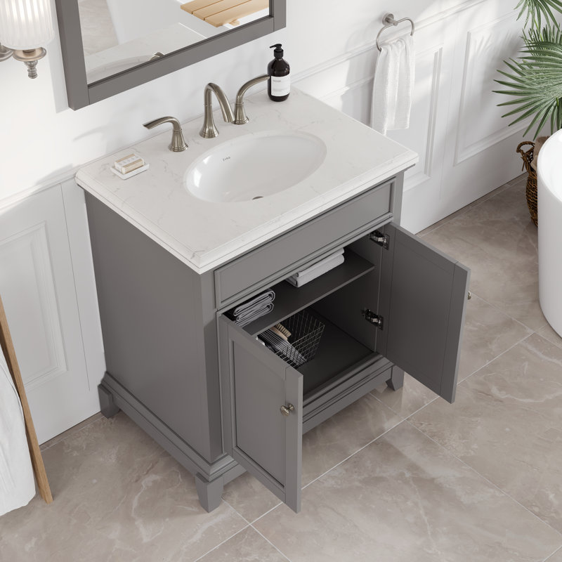Ensemble de meuble-lavabo simple 30 po avec comptoir en quartz Carrara et lavabo encastré en porcelaine encastré Elite Stamford