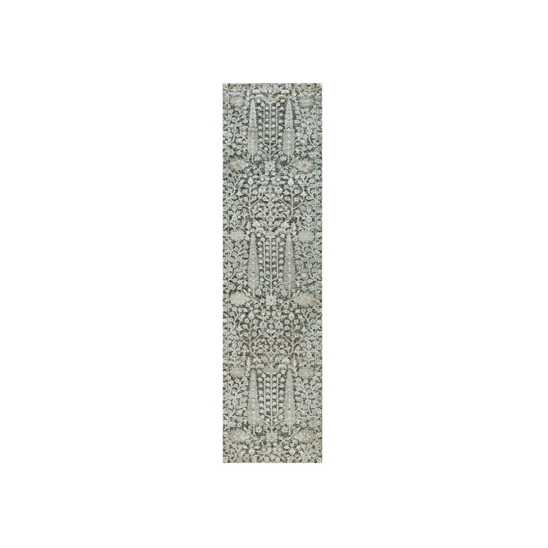 2'6"x10' Grey Hand Knotted Silk and Wool Willow and Cypress Tree Rug 41FF6CF0608D4BA9946BA2B7FB0BFD11