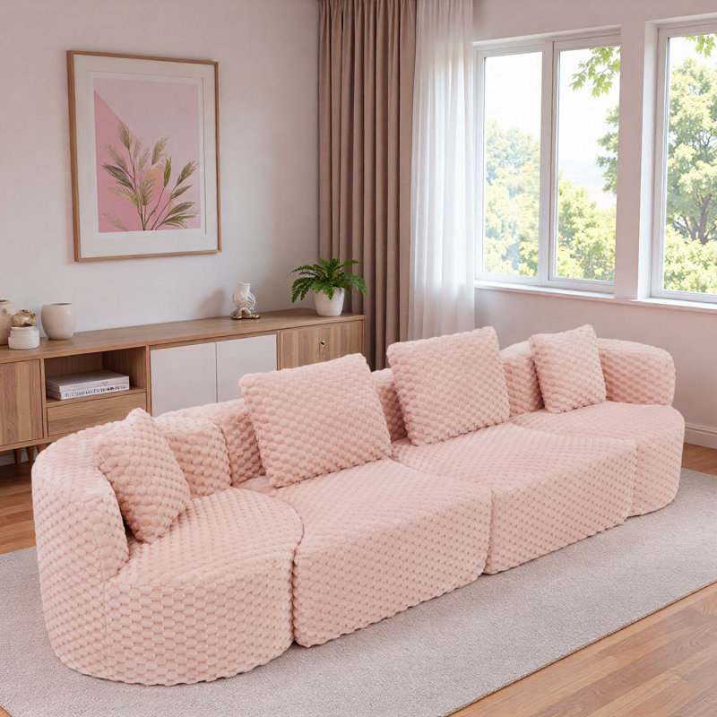 Modular Sectional Sofa With Rounded Silhouette And Pillows, Pink
