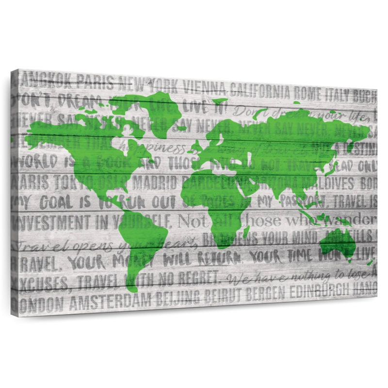 Carte du monde de citations de voyage de Senne - vert, H 32 po x l 48 po