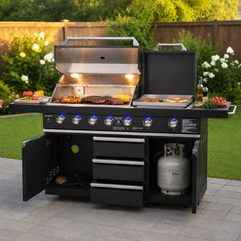 Barbecue au gaz modulaire Akoah avec plaque chauffante et brûleurs latéraux dédiés, plateau à charbon et roues
