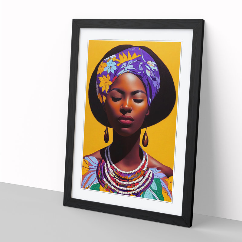 FRM-V0523-55X African Woman Floral - Single Picture Frame Print, 64cm H x 46cm W x 2cm D, Black Framed