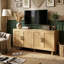 140cm 4-Door Faux Rattan Sideboard with Adjustable Shelves, Japandi PVC Woven Storage Cabinet with Metal Handles, Oak / Black-378395030