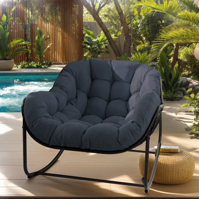 Papasan Rocking Chair, Oversized Egg Rocker For Indoor & Outdoor Use, All-Weather Wicker Patio Chair With Cushion & Pillow, Papasan Rocking Egg Chair by George Oliver