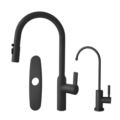 Signature Combo Single Handle Pull Down Kitchen Faucet with Water Tap and Faucet Plate in Matte Black