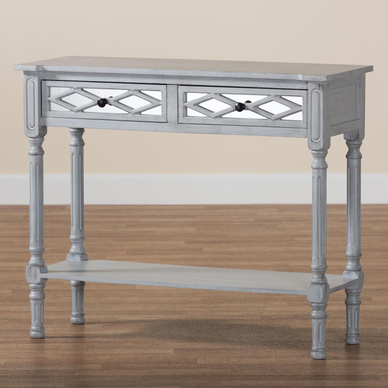 Gray Wood and Mirrored Glass 2-Drawer Console Table with Storage Shelf