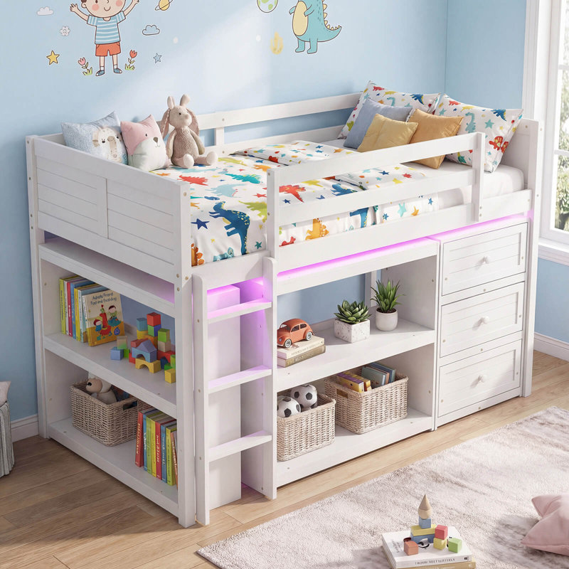Twin Size Loft Bed with LED Lights Underbed Space Drawers Shelves Ladder White, White