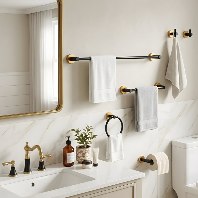 Ensemble de quincaillerie de salle de bain pour salle de bain, ensemble de barre à serviettes 6 pièces en aluminium brossé doré Thumin Space