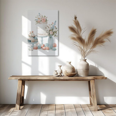 Tableau décoratif « Table de desserts de mariage avec fleurs » sur toile tendue sur châssis, 91,4 cm x 61 cm, prêt à accrocher pour salle à manger.