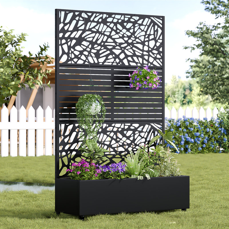 Two-tone Outdoor Freestanding Raised Garden Bed with Privacy Screen Metal Planter Box with Trellis for Climbing Plant Vegetable Vines Room Divider with Wheels for Balcony Porch Yard