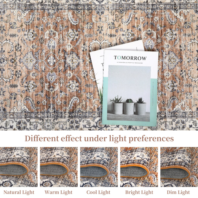 Oriental Machine Washable Rug with Rubber Backing for Living Room Vintage Non-Slip Dining Room Rug Easy-Cleaning Floor Carpet for Bedroom
