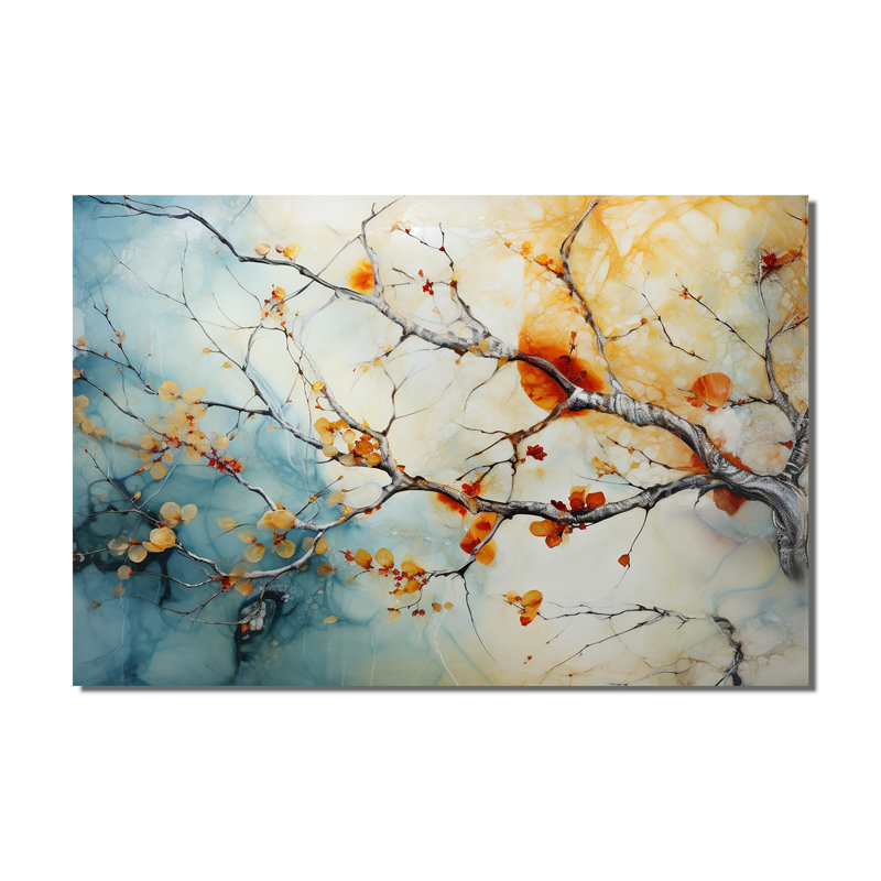Orange, bleu sarcelle, érable brillant, agate I - arbre érable, art mural