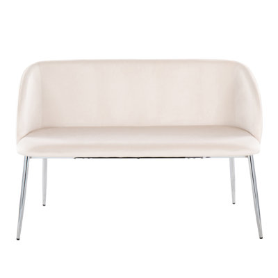Banc rembourré en velours, 1 pièce, 46 po x 21 po x 29,75 po, velours, beige, dossier rembourré avec pieds en métal chromé