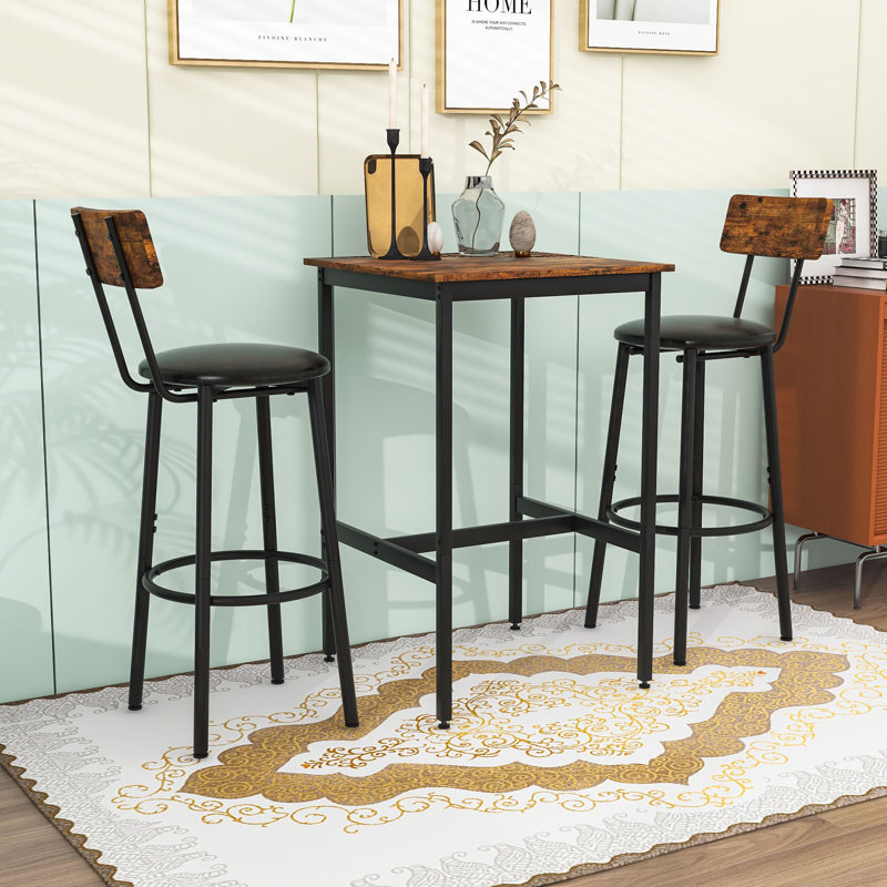 3-Piece Industrial Bar Table Set with Square Table and 2 Upholstered Stools, Black, Rustic Brown