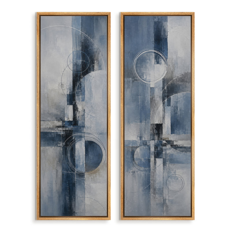 Cercles géométriques bleu-gris, décoration abstraite moderne – Ensemble de 2 impressions sur toile encadrées, 60 po x 20 po x 2 po