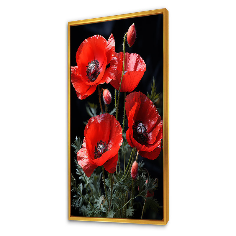 Cascade de Reds Dynamic Poppy Scene II - coquelicots, art mural, Cadre flottant doré, H 60 po x l 28 po x P 1,5 po
