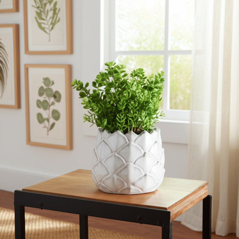 Stoneware Ceramic Planter with Sculpted Textured Form and Rounded Silhouette for Decorative Display and Botanical Arrangement in Indoor or Covered Outdoor Settings