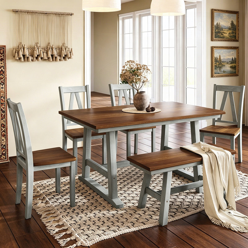 Ensemble de table de salle à manger en bois 6 pièces avec banc long et 4 chaises, style campagnard rustique pour les réunions de famille