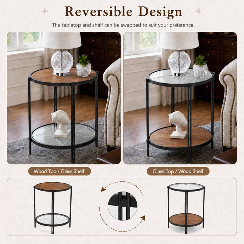 Round Two-Tiered Wooden End Table, Black