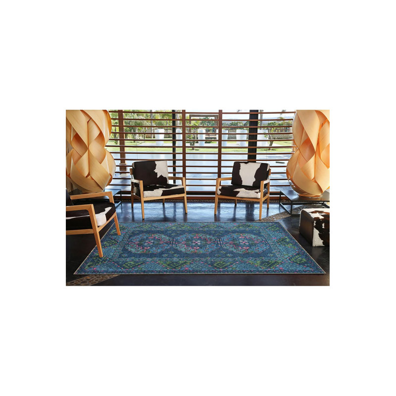Tapis décoratif lavable rétro à motif traditionnel bleu et vert, Tapis de couloir 3 pi 3 po x 6 pi 7 po inclus