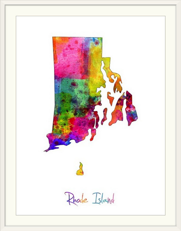 Francy «Rhode Island Watercolor Map» par Abarca, impression, Cadre noir, H 32 po x l 26 po x P 1 po
