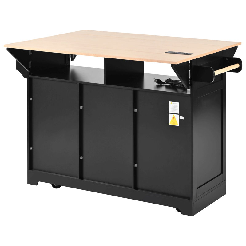 Grand îlot de cuisine de 55,7 po avec 2 abattants, chariot de cuisine roulant sur 5 roulettes avec prise de courant, table de salle à manger pliante avec porte-épices et porte-serviettes, 3 tiroirs, pour la cuisine, la salle à manger