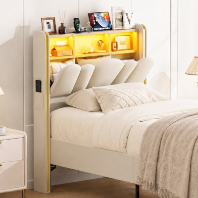 Tête de lit double avec rangement intégré, revêtement en velours, style oreilles, éclairage DEL, station de recharge, étagères à 2 niveaux, poches de rangement, cadre amovible, montage facile, beige