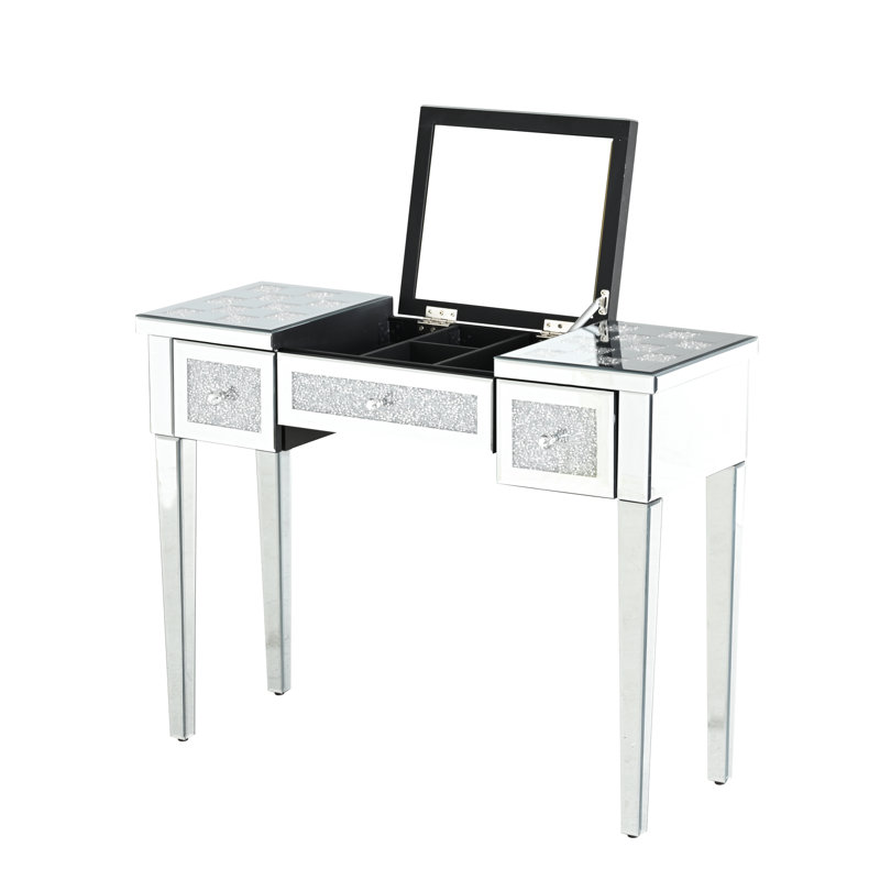 Console à miroir en verre avec motif en damier et incrustation de losanges. Pratique pour la routine beauté du matin. Miroir caché de bureau Great Polyvalent, différent
